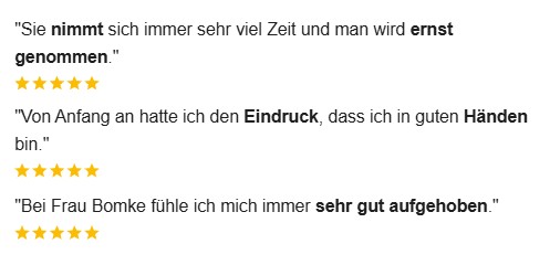 Positive Google Rezensionen von Patientinnen und Patienten der Praxis für kognitive Verhaltenstherapie Luise Bomke in Berlin-Friedrichshain. Rückmeldungen zu Vertrauen, Unterstützung und therapeutischer Begleitung.